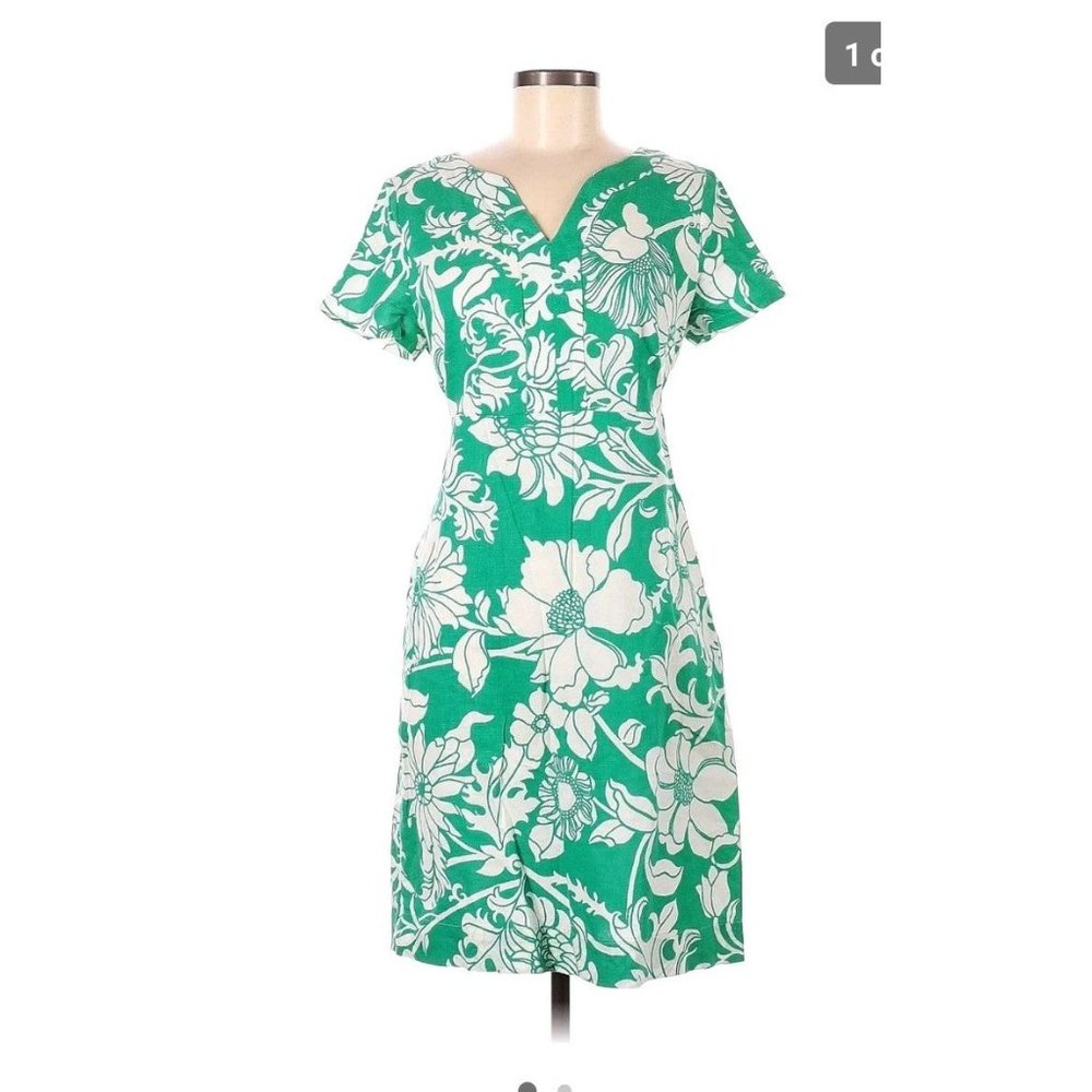 Talbots Linen Cotton Kelly Green Floral Print Dress w Pockets Size 10